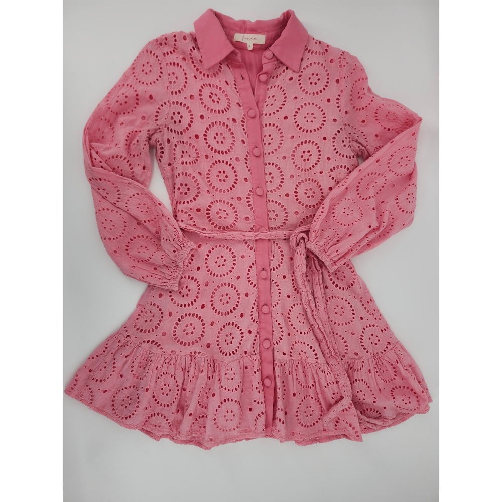 Fanco Pink Eyelet Mini Dress Long Sleeve Button Down Ruffle Hem Belted Womens M